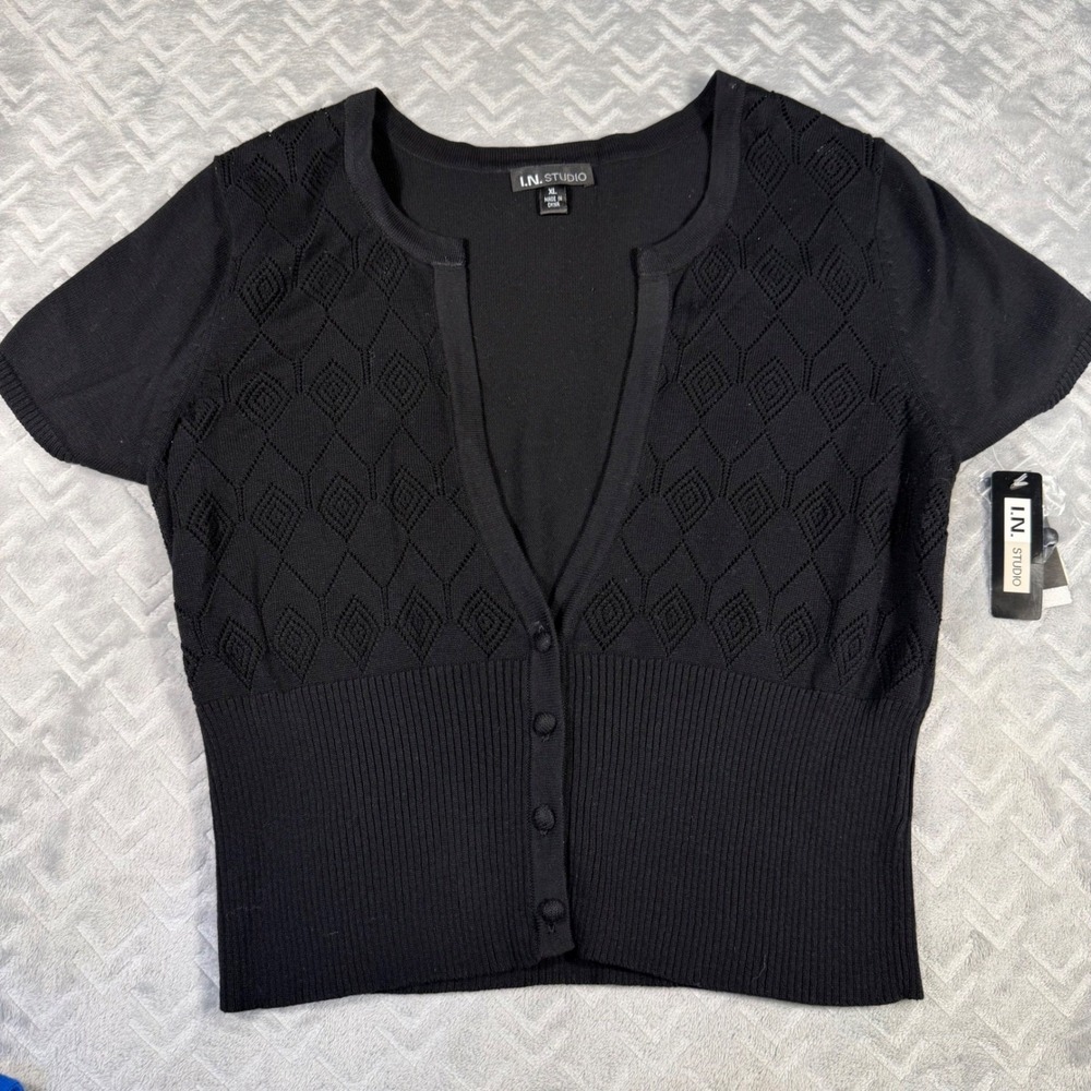 I.N. Studio Cardigan Women's XL Blank Pointelle Knit Short Sleeve V-Neck NWT